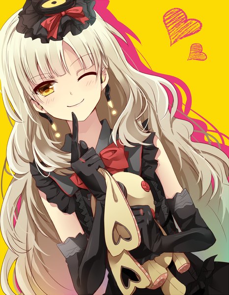 Anime picture 1100x1415 with vocaloid mayu (vocaloid) usano mimi hiiragi souren long hair tall image blonde hair yellow eyes one eye closed wink finger to mouth girl dress gloves hat elbow gloves toy stuffed animal