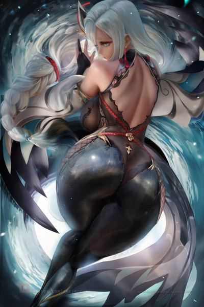 Anime picture 2400x3600 with genshin impact shenhe (genshin impact) sakimichan single long hair tall image looking at viewer fringe highres breasts blue eyes light erotic large breasts bare shoulders silver hair ass braid (braids) nail polish looking back fingernails
