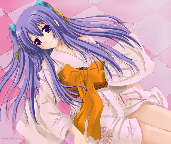 Anime picture 2400x2018 with qiuzhi huiyi single long hair highres purple eyes purple hair lying japanese clothes girl hair ornament kimono obi