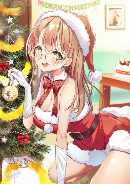 Anime picture 1000x1412 with original maronie. single long hair tall image blush breasts open mouth light erotic brown hair large breasts green eyes cleavage indoors :d christmas merry christmas girl gloves hat