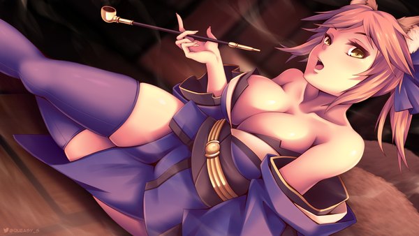 Anime picture 1920x1080 with fate (series) fate/grand order fate/extra tamamo (fate) (all) tamamo no mae (fate) queasy s single looking at viewer fringe highres short hair breasts open mouth light erotic wide image large breasts sitting bare shoulders holding signed