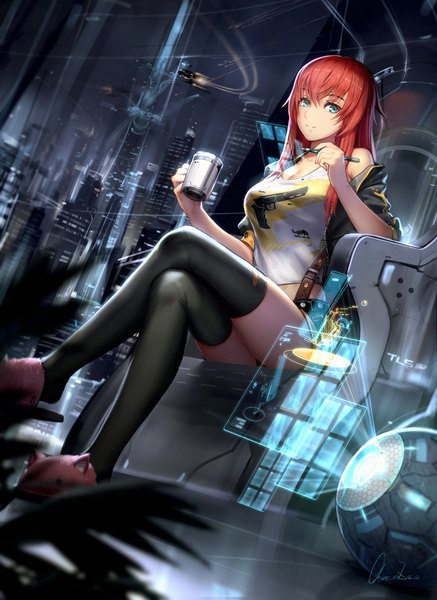 Anime picture 840x1152 with evil genome observerz single long hair tall image looking at viewer fringe breasts blue eyes hair between eyes large breasts sitting signed payot red hair off shoulder from below dutch angle zettai ryouiki girl