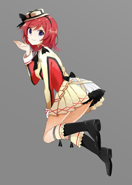 Anime picture 734x1029 with love live! school idol project sunrise (studio) love live! nishikino maki taiki (ozone) single tall image fringe short hair simple background smile pink hair bent knee (knees) pleated skirt grey background leaning leaning forward jumping girl skirt