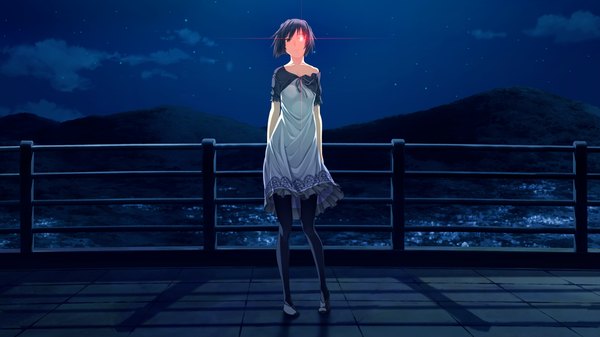 Anime picture 1024x576 with suigetsu 2 short hair black hair red eyes wide image brown eyes game cg night heterochromia glowing glowing eye (eyes) girl dress