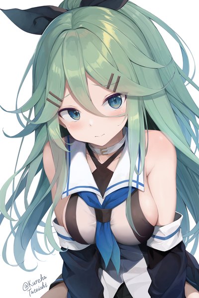 Anime picture 800x1200 with kantai collection yamakaze (kantai collection) tateishi kureha single long hair tall image looking at viewer blush fringe breasts blue eyes light erotic simple background hair between eyes large breasts white background signed payot green hair twitter username