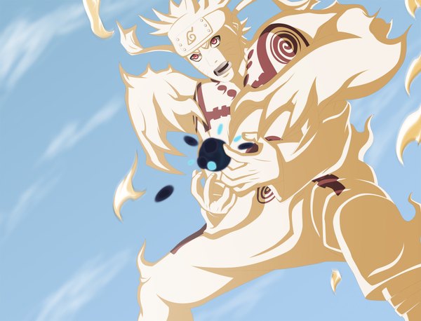 Anime picture 1742x1331 with naruto studio pierrot naruto (series) uzumaki naruto molyneux93 single highres short hair open mouth blonde hair red eyes sky cloud (clouds) coloring magic facial mark whisker markings angry jinchuriki boy