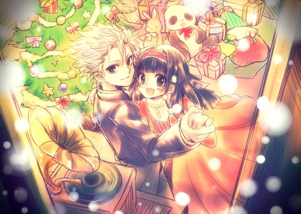 Anime picture 1200x852 with hunter x hunter killua zaoldyeck alluka zoldyck looking at viewer blush open mouth black hair blonde hair brown hair purple eyes brown eyes couple holding hands snowing christmas dancing music girl boy bow