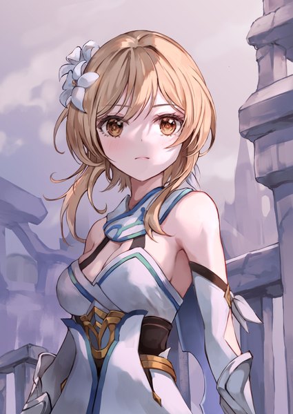 Anime picture 676x954 with genshin impact lumine (genshin impact) lunacle single tall image looking at viewer short hair breasts blonde hair standing brown eyes cleavage upper body outdoors hair flower girl flower (flowers)