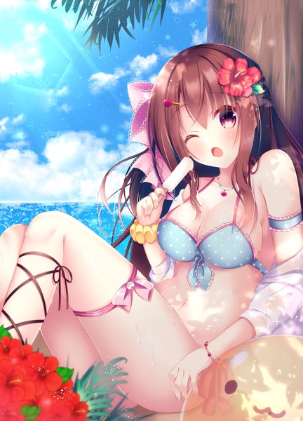 Anime picture 1000x1389 with original mizuse sakua single long hair tall image breasts open mouth light erotic brown hair large breasts purple eyes sky cloud (clouds) outdoors one eye closed hair flower sparkle lens flare horizon girl