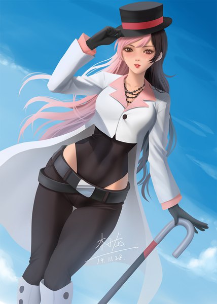 Anime picture 1181x1654 with rwby rooster teeth neopolitan (rwby) zyl single long hair tall image looking at viewer blush fringe black hair standing holding brown eyes signed pink hair sky cloud (clouds) outdoors parted lips