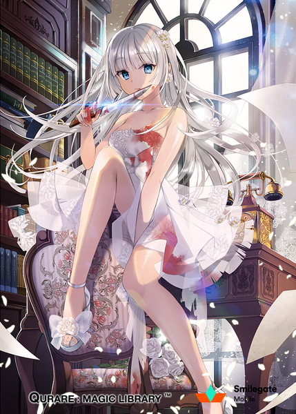 Anime picture 714x998 with original ice (ice aptx) single long hair tall image looking at viewer blue eyes bare shoulders silver hair girl dress bow hair bow petals shoes white dress book (books) blood knife wedding dress