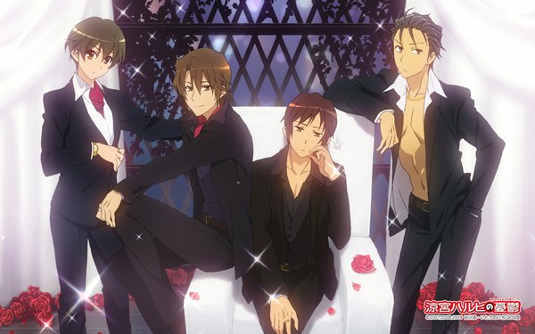 Anime picture 1920x1200 with suzumiya haruhi no yuutsu kyoto animation kyon koizumi itsuki taniguchi kunikida looking at viewer highres short hair wide image standing sitting brown eyes grey hair open clothes multiple boys open shirt night sky crossed legs group