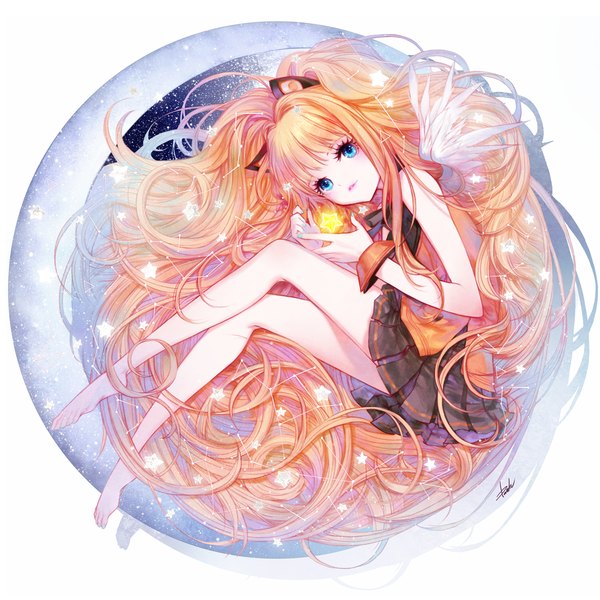 Anime picture 1200x1200 with vocaloid seeu danhu single looking at viewer blush fringe blue eyes blonde hair simple background white background bare shoulders signed animal ears bent knee (knees) lying very long hair pleated skirt barefoot cat ears