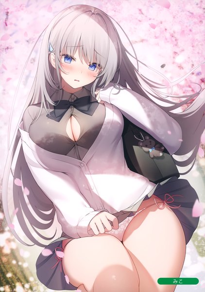 Anime picture 2487x3538 with melonbooks miko (royal milk) single long hair tall image looking at viewer blush fringe highres breasts open mouth blue eyes light erotic large breasts sitting signed payot silver hair outdoors long sleeves
