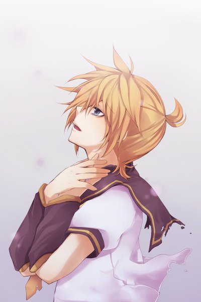 Anime picture 1000x1500 with vocaloid kagamine len mukkun single tall image short hair open mouth blue eyes simple background blonde hair ponytail profile boy detached sleeves sailor suit