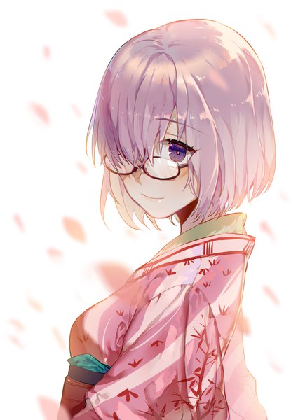 Anime picture 1688x2383 with fate (series) fate/grand order mash kyrielight zhibuji loom single tall image fringe short hair white background purple eyes looking away purple hair traditional clothes japanese clothes light smile hair over one eye portrait girl petals glasses