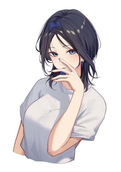 Anime picture 1240x1754 with virtual youtuber hololive hololive english ouro kronii erezu single tall image short hair blue eyes black hair simple background white background upper body hand to mouth girl t-shirt