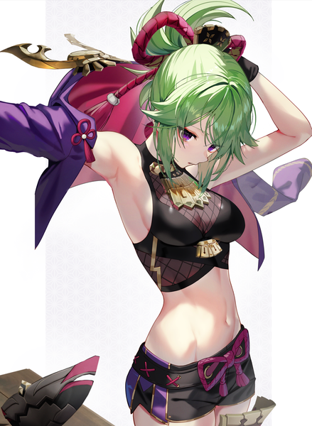 Anime picture 1830x2500 with genshin impact kuki shinobu scottie (phantom2) single tall image looking at viewer fringe highres short hair breasts light erotic simple background hair between eyes standing white background purple eyes payot green hair arms up open jacket