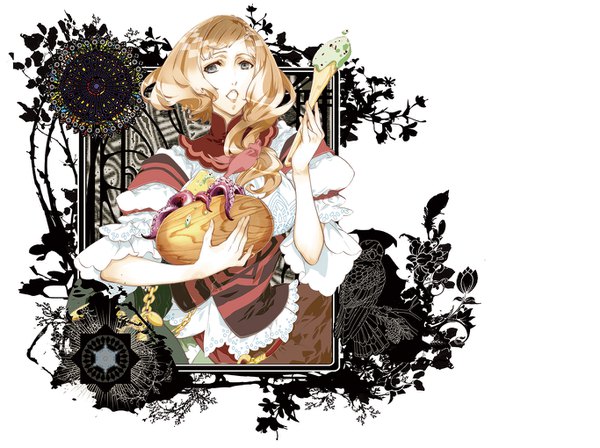 Anime picture 1366x1020 with haitaka no psychedelica francisca (haitaka no psychedelica) yuiga satoru single long hair fringe breasts open mouth simple background blonde hair white background short sleeves grey eyes pale skin girl