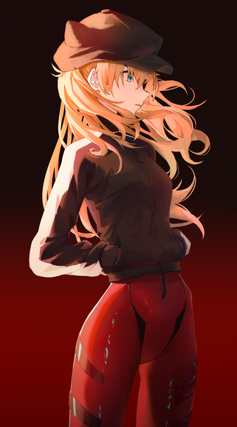 Anime picture 2072x3733 with neon genesis evangelion rebuild of evangelion evangelion: 3.0 you can (not) redo gainax soryu asuka langley shikinami asuka langley gnns single long hair tall image highres blue eyes simple background standing looking away profile wind orange hair gradient background girl