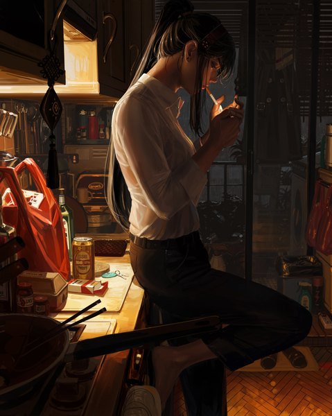 Anime picture 4500x5636 with original guweiz single long hair tall image fringe highres breasts black hair standing holding payot looking away absurdres bent knee (knees) ponytail indoors long sleeves profile barefoot