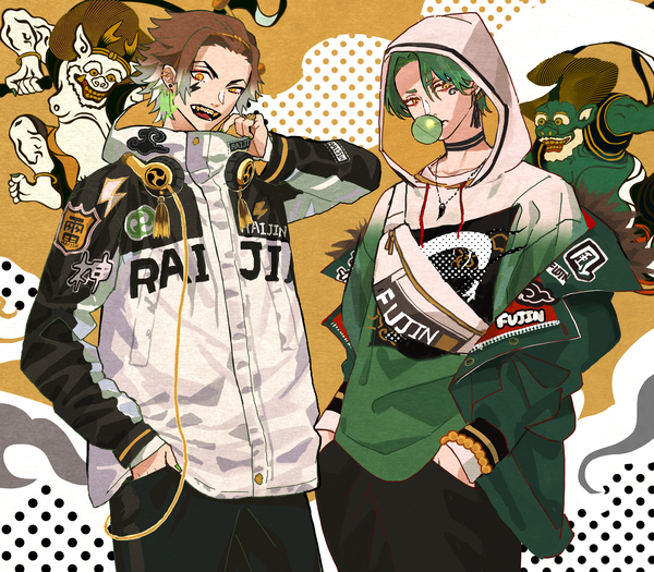 Anime picture 5668x4961 with original mythology japanese mythology raijin fuujin jun (nad-j) looking at viewer highres short hair brown hair yellow eyes absurdres green hair off shoulder open jacket multiple boys hand in pocket headphones around neck bubble blowing boy