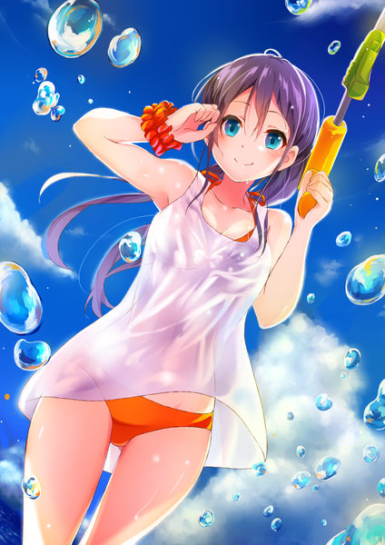 Anime picture 2000x2829 with original komugiko single long hair tall image looking at viewer blush fringe highres blue eyes hair between eyes sky purple hair cloud (clouds) light smile dutch angle wet clothes wrist scrunchie girl swimsuit