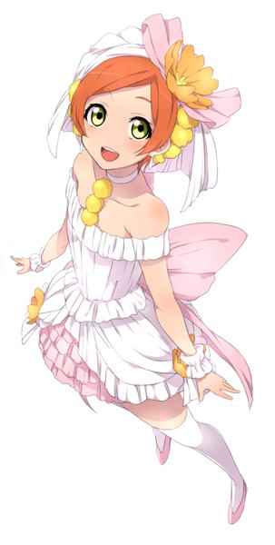 Anime picture 765x1515 with love live! school idol project sunrise (studio) love live! hoshizora rin sekina single tall image blush short hair open mouth simple background white background bare shoulders green eyes from above orange hair looking up girl thighhighs dress