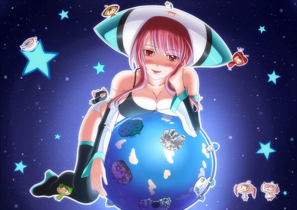 Anime picture 1600x1133 with original harimu ohagi long hair blush light erotic smile red eyes pink hair breast press space girl hat star (symbol) thigh boots planet earth