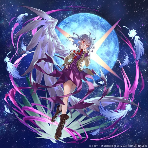 Anime-Bild 1500x1500 mit touhou touhou arcadia record kishin sagume misekiss single fringe short hair hair between eyes red eyes silver hair full body official art bare legs from below hand on hip covered mouth space single wing girl dress
