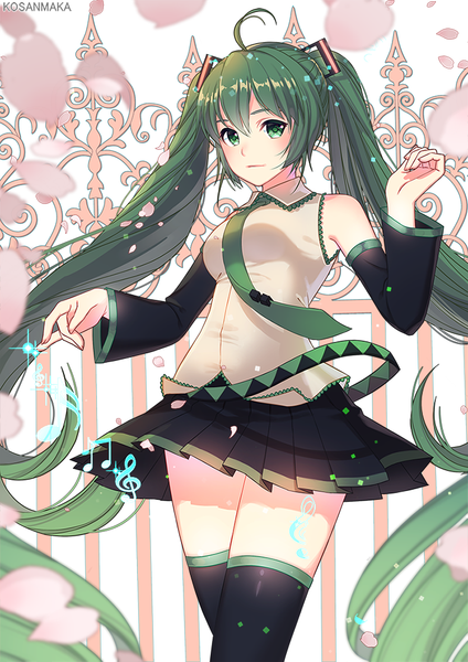 Anime picture 700x991 with vocaloid hatsune miku kosanmaka single tall image looking at viewer blush fringe twintails green eyes very long hair pleated skirt green hair inscription girl thighhighs skirt uniform hair ornament black thighhighs