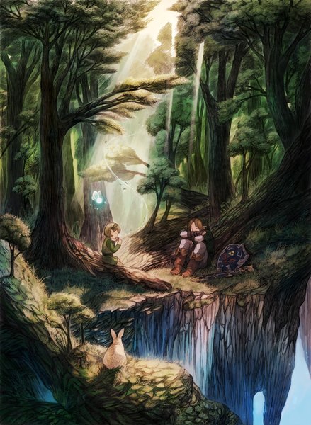 Anime picture 1228x1680 with the legend of zelda link saria (the legend of zelda) maekakekamen tall image short hair blonde hair brown hair sitting sky bent knee (knees) eyes closed profile pointy ears sunlight elf sunbeam nature boy weapon