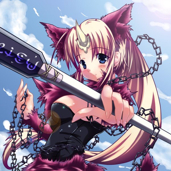 Anime picture 1200x1200 with long hair blush blue eyes blonde hair animal ears cloud (clouds) horn (horns) girl weapon chain