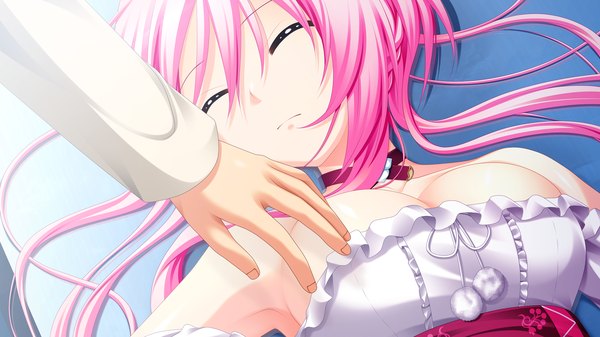 Anime picture 2560x1440 with gensou no idea nanami naru makita maki long hair blush highres breasts light erotic wide image bare shoulders pink hair game cg cleavage eyes closed on back sleeping girl hand
