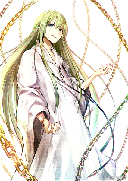 Anime picture 629x888 with fate (series) fate/strange fake enkidu (fate) kei-suwabe single long hair tall image looking at viewer fringe simple background hair between eyes white background green eyes payot green hair wide sleeves androgynous boy chain