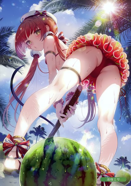 Anime picture 2481x3500 with melonbooks ikezaki misa single long hair tall image looking at viewer blush fringe highres light erotic standing twintails holding yellow eyes sky cloud (clouds) ass outdoors red hair blunt bangs