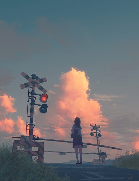 Anime picture 922x1200 with original tamaki (tamaki illust) single tall image short hair black hair standing sky cloud (clouds) pleated skirt from behind from below looking up scenic revision railroad crossing girl skirt uniform plant (plants)