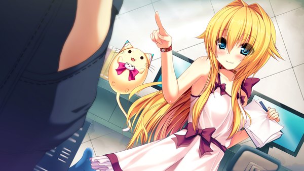 Anime picture 1280x720 with namaiki delation meia kuroizerungu hakuhou long hair blush blue eyes blonde hair smile wide image game cg girl dress bow animal cat sundress clock pocket watch