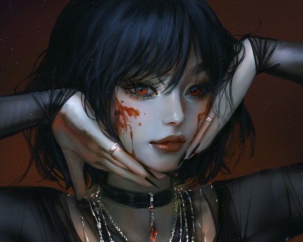 Anime picture 5000x4000 with original nixeu single looking at viewer fringe highres short hair black hair simple background hair between eyes red eyes absurdres long sleeves nail polish fingernails lips realistic mole arms up mole under eye