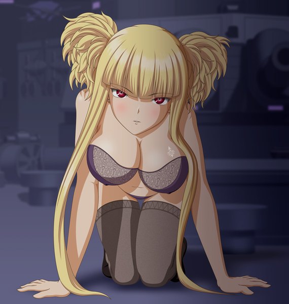 Anime picture 855x900 with aoki hagane no arpeggio kongou (aoki hagane no arpeggio) shiba cyon single long hair tall image looking at viewer fringe breasts light erotic blonde hair red eyes cleavage blunt bangs underwear only girl thighhighs navel underwear panties