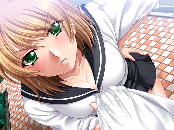 Anime picture 1200x900 with himegoto kouryaku (game) light erotic blonde hair green eyes close-up girl