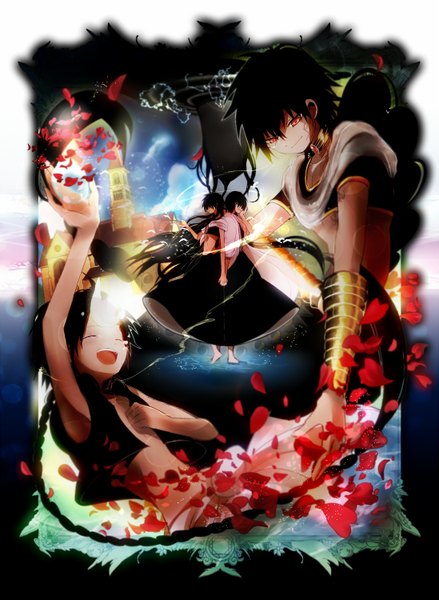 Anime picture 1097x1500 with magi the labyrinth of magic a-1 pictures judal aladdin (magi) monarin tall image open mouth black hair smile red eyes braid (braids) eyes closed very long hair profile multiple boys hand on hip single braid crying multiple persona boy
