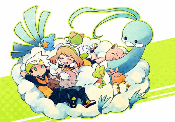 Anime picture 1000x703 with pokemon pokemon rse nintendo may (pokemon) mudkip torchic ruby (pokemon) jigglypuff altaria treecko poochyena ralts shirou (vista) blush short hair open mouth simple background brown hair green eyes lying