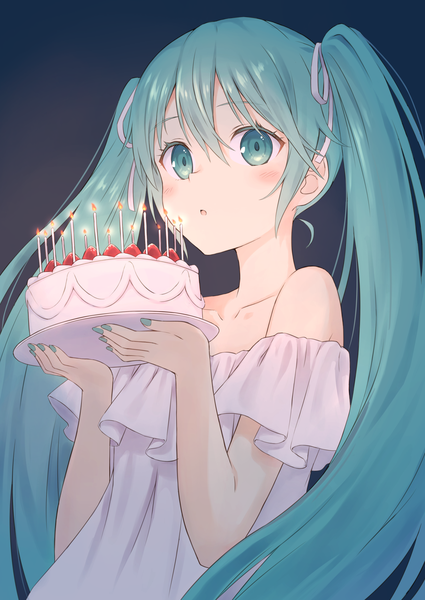 Anime picture 1700x2400 with vocaloid hatsune miku 104 single long hair tall image blush fringe hair between eyes twintails holding upper body nail polish aqua eyes aqua hair from below aqua nail polish girl ribbon (ribbons) hair ribbon
