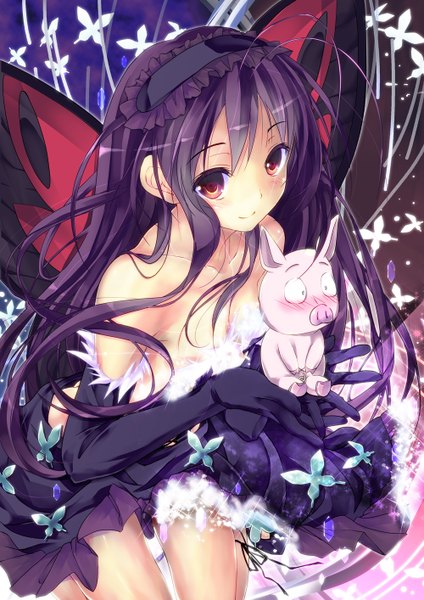 Anime picture 1000x1414 with accel world sunrise (studio) kuroyukihime arita haruyuki hasshin akiichi (yagami shuuichi) long hair tall image blush red eyes bare shoulders purple hair light smile insect wings butterfly wings girl dress gloves animal elbow gloves hairband