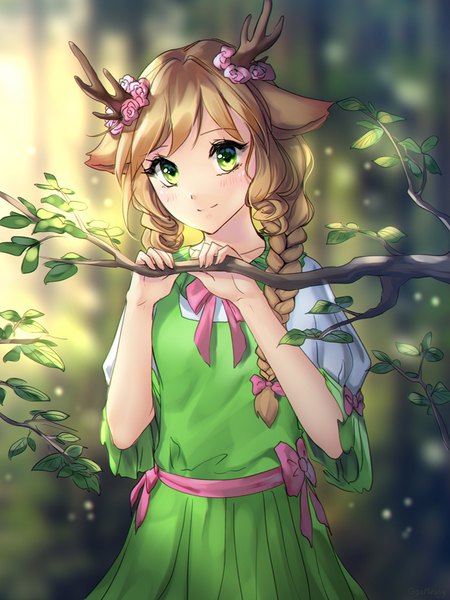 Anime picture 750x1000 with original gigamessy single long hair tall image looking at viewer blush fringe blonde hair holding green eyes animal ears outdoors braid (braids) hair flower horn (horns) light smile depth of field twin braids antlers