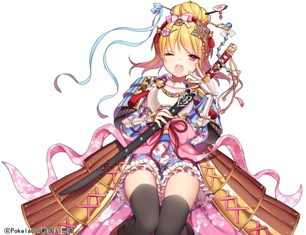 Anime picture 1170x900 with sengoku gensoukyoku byulzzimon single long hair open mouth blonde hair white background one eye closed pink eyes wink girl thighhighs dress hair ornament weapon black thighhighs sword katana