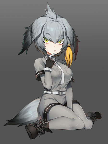 Anime picture 1200x1600 with kemono friends shoebill (kemono friends) cao hong anh single tall image looking at viewer fringe short hair simple background hair between eyes sitting yellow eyes full body tail grey hair grey background wariza girl gloves pantyhose