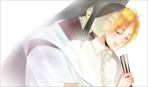 Anime picture 1698x1000 with hikaru no go studio pierrot fujiwara no sai shindou hikaru nao (artist) long hair blush black hair blonde hair wide image white background eyes closed traditional clothes ghost transparent boy hat shirt fan