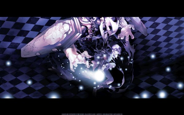 Anime picture 1920x1200 with persona 3 persona arisato minato thanatos (persona) highres short hair wide image purple hair wallpaper letterboxed checkered checkered background boy armband